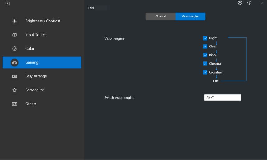 Gaming-valikko – Vision Engine -asetukset