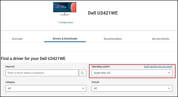 Selección del SO de Apple en el menú desplegable del sitio web de Dell.com/support/drivers