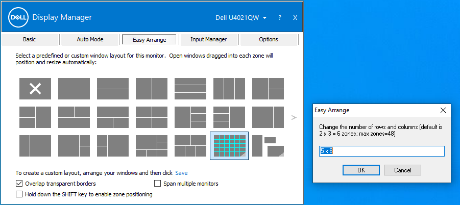 Zonetilpasningsskærm i Dell Display Manager
