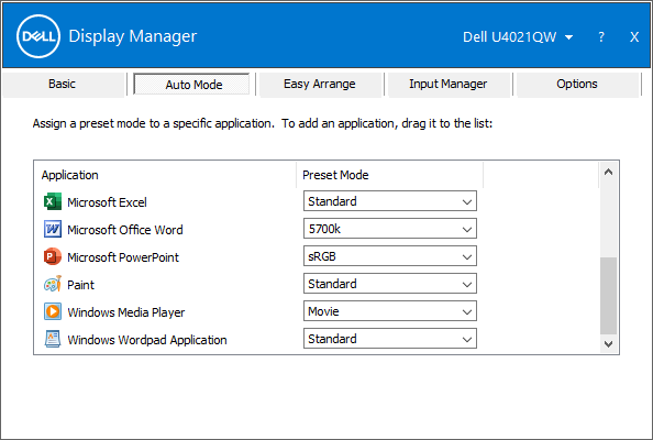 Ustawienia wstępne według aplikacji w programie Dell Display Manager