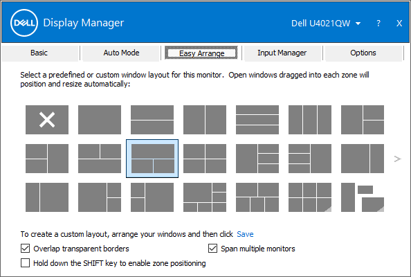 Uspořádání zobrazení dvou monitorů v nástroji Dell Display Manager